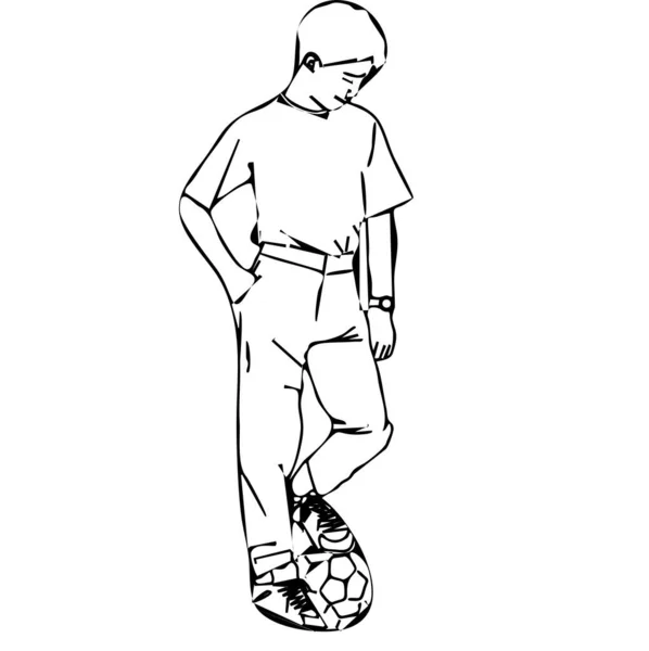Junge Beim Ballspielen Grafisches Schwarz Weiß Bild Vektor — Stockvektor
