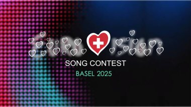 Eurovision 2025. Black and blue background with the flag of Switzerland. European Song Contest. Switzerland. 2025