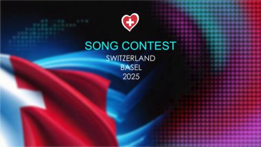 Eurovision 2025. Black and blue background with the flag of Switzerland. European Song Contest. Switzerland. 2025