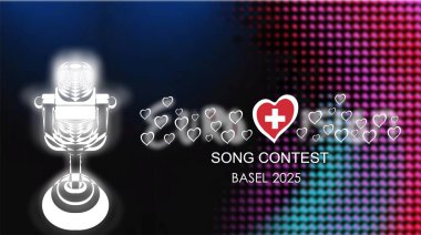 Eurovision 2025. Black and blue background with the flag of Switzerland. European Song Contest. Switzerland. 2025