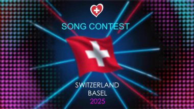 Eurovision 2025. Black and blue background with the flag of Switzerland. European Song Contest. Switzerland. 2025