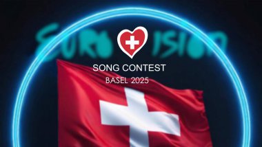 Eurovision 2025. Black and blue background with the flag of Switzerland. European Song Contest. Switzerland. 2025