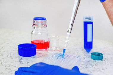 Bilimadamı doktor, laboratuvarda bir çok bilimsel malzemeyle numune topluyor - beher, silindir, pipet, sıvılar, tüp, ampul, stand ve daha fazlası