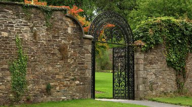 Eski siyah metal kapı, İrlanda 'da bir bahçede kapı..