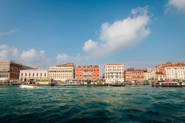 Venice, Italy - November 2022: City of Venice view from sea with tourist boats