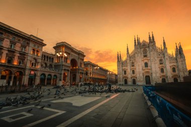 Milan, İtalya - Eylül 2023: Tipik tarihi binalara sahip Milan Katedrali (Duomo di Milano ve Galleria Vittorio Emanuele), gündoğumunda uçan güvercin sürüsüyle birlikte