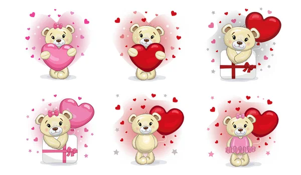 Χαριτωμένο Ζευγάρι Αρκουδάκια Εικονογράφηση Στυλ Κινουμένων Σχεδίων Αρκουδάκι Παρόν Καρδιά — Διανυσματικό Αρχείο