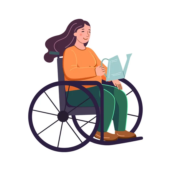 Woman Wheelchair Watering Can Her Hands Gardening Flat Vector Illustration — Stock Vector