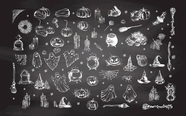 Большой Набор Элементов Хэллоуина Стиле Эскиза Дизайн Ведьм Призраков Жутких — стоковый вектор