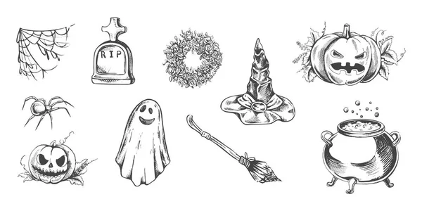 Sada Halloween Prvků Stylu Náčrtku Design Čarodějnických Strašidelných Strašidelných Prvků — Stockový vektor