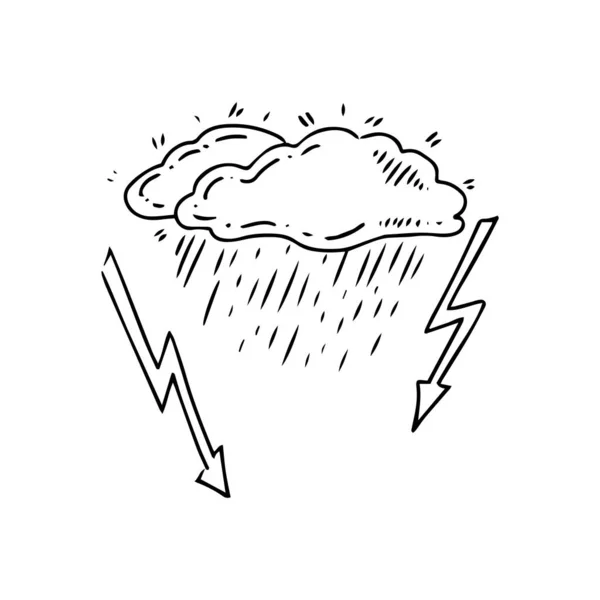 简单的素描线条风格元素 点缀可爱的墨水笔云 白色背景上的雨点和闪电 生态概念 — 图库矢量图片