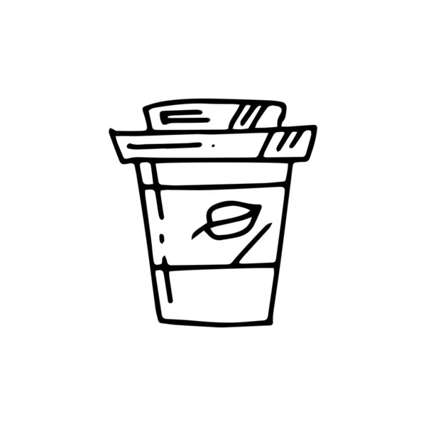 Doodle Koffie Meeneem Kopje Met Blad Handtekening Schets Illustratie Ecologisch — Stockvector