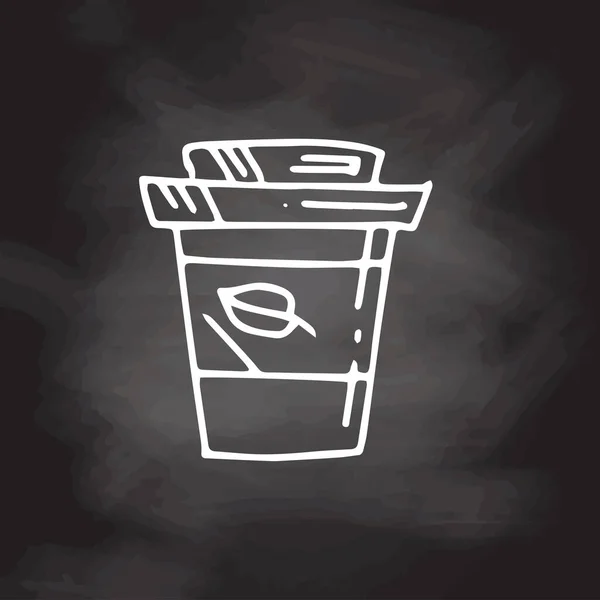 Doodle Kaffee Zum Mitnehmen Tasse Mit Blatt Auf Tafelhintergrund Handzeichnung — Stockvektor