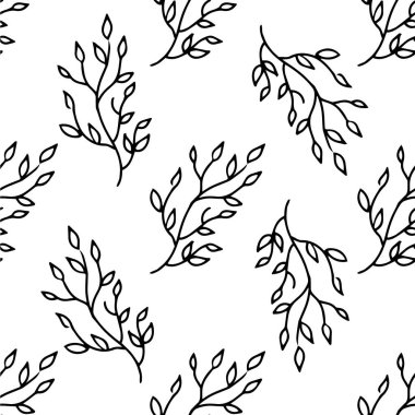 Basit çizim çizimi biçimi ögesi. Beyaz arka planda yaprakları olan şirin mürekkep kalemi brunch 'ı. Karalamalı yaprak dikişsiz desen. Vektör illüstrasyonu.