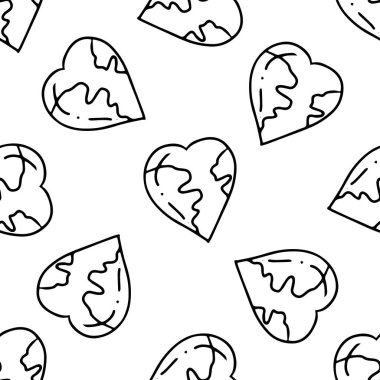 Doodle Gezegeni Dünya kalp şeklinde çiziyor. Doğa ve ekoloji vektörü çizimi. Dünya Günü pürüzsüz desen.