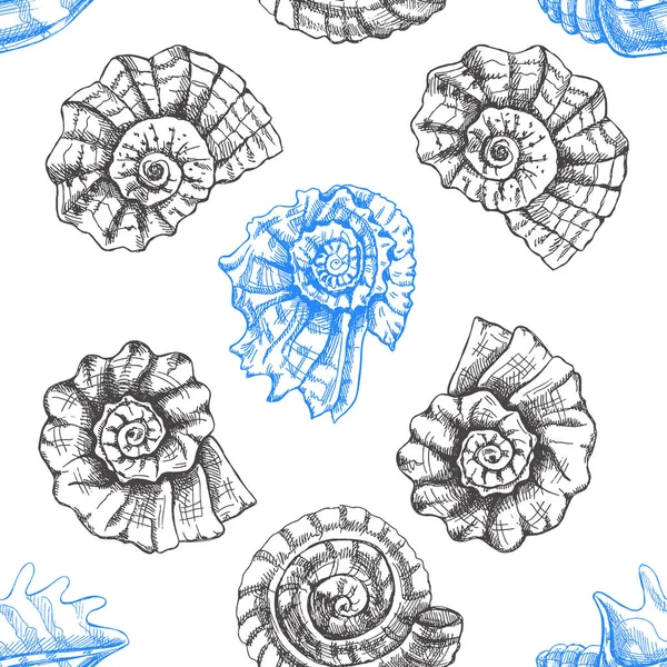 Hand Drawn Prehistoric Ammonite Seashell Seamless Pattern Sketch Style Vector — Stock Vector