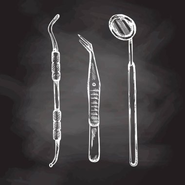 Elle çizilmiş stomatoloji özellikleri. Profesyonel diş aletleri vintage vektör illüstrasyon seti karatahta arka planda izole edildi. Ortodontistler için ekipman.