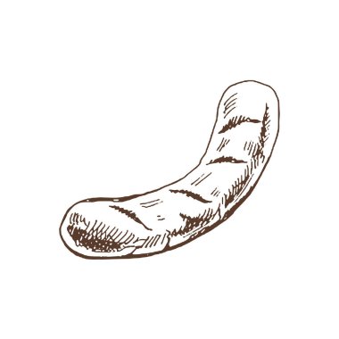 Organik yiyecekler. Izgara sosisin elle çizilmiş vektör çizimi. Doodle vintage çizimi. Kafelerin ve etiketlerin menüsü için dekorasyonlar. Kabartmalı immage. 