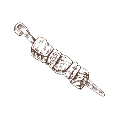 Organik yiyecekler. Elle çizilmiş kebap, şiş kebap, şiş ızgara, et. Doodle vintage çizimi. Kafelerin ve etiketlerin menüsü için dekorasyonlar. Kabartmalı immage.  