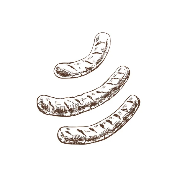 Nourriture Biologique Croquis Vectoriel Dessiné Main Saucisses Grillées Barbecue Illustration — Image vectorielle