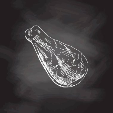 Organik yiyecekler. Elle çizilmiş tavuk budu çizimi, yiyecek eti. Kara tahta arka planlarında klasik çizimler var. Kafelerin ve etiketlerin menüsü için dekorasyonlar. Kabartmalı immage.  