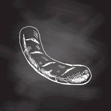 Organik yiyecekler. Izgara sosisin elle çizilmiş vektör çizimi. Kara tahta arka planlarında klasik çizimler var. Kafelerin ve etiketlerin menüsü için dekorasyonlar. Kabartmalı immage. 