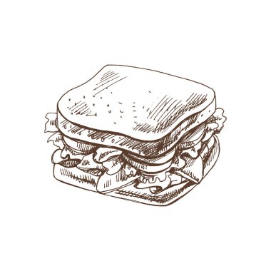 Sebzeli, peynirli, etli bir sandviçin el çizimi robot resmi. Doodle vintage çizimi. Kafelerin ve etiketlerin menüsü için dekorasyonlar. Kabartmalı immage.