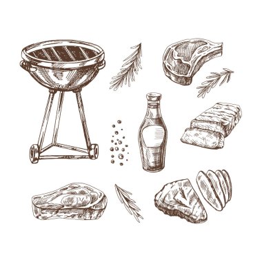 Barbekü elementlerinin el çizimleri. Restoran ve kafe menüsünün tasarımı için ızgara yemek. Doodle vintage çizimi. Kabartmalı resim.