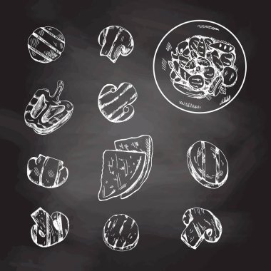 Elle çizilmiş şampiyonlar, ızgara sebzeler ve tahtada kullanılan ekmek taslakları. Klasik karalama çizimi. Oymalı resim..
