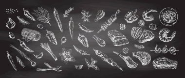 Elle çizilmiş barbekü ve piknik malzemelerinin karatahta arka planında çizimi. Doodle vintage çizimi. Kabartmalı resim.