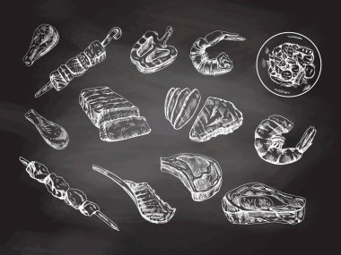 Farklı et, biftek, karides, tavuk, ızgara sebze ve mangal çeşitlerinin el çizimleri.. 
