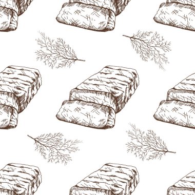 Biftek, et ve dereotunun elle çizilmiş, pürüzsüz şekli. Klasik karalama çizimi. Kafe menüleri ve etiketleri için çizim. Oymalı resim..