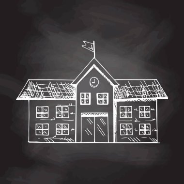 Vektör el çizimi okul illüstrasyonu. Karatahta arka planında detaylı retro tarzı okul binası çizimi. Klasik eskiz öğesi. Okula Dönüş. 