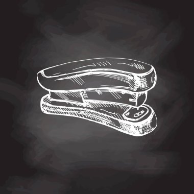 Vektör el yapımı okul ve ofis aletleri illüstrasyonu. Karatahta arka planında ayrıntılı retro tarzı zımba eskizi. Klasik eskiz öğesi. Okula Dönüş. 