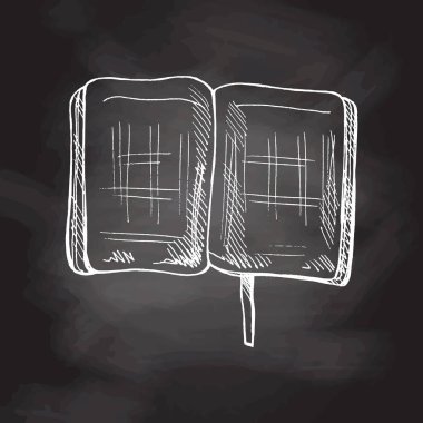 Vektör el yapımı okul ve ofis malzemeleri. Karatahta arka planında detaylı retro tarzı not defteri çizimi. Okula Dönüş. 