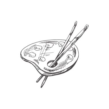 Vektör el yapımı okul ve sanat malzemeleri. Detaylı retro tarzı palet, boya ve fırça çizimi. Klasik eskiz öğesi. Okula geri dön. Okul temel illüstrasyon. 