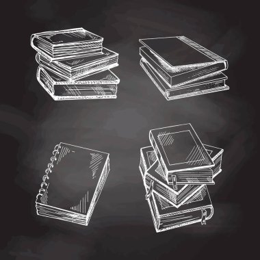 Vektör el yapımı okul ve ofis aletleri çizimi seti. Karatahta arka planında ayrıntılı retro tarzı kitap taslağı. Klasik eskiz öğesi. Okula Dönüş.