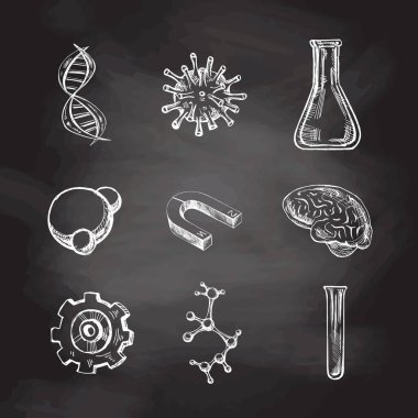 Okula, el çizimi okuluna ve bilimsel skeç setine. Kara tahta arka planında karalama bilim koleksiyonu. Eğitim Konsepti. Klasik eskiz öğesi. Vektör çizimi. Okula Dönüş.