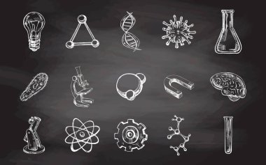 Okula, el çizimi okuluna ve bilimsel skeç setine. Kara tahta arka planında karalama bilim koleksiyonu. Eğitim Konsepti. Klasik eskiz öğesi. Vektör çizimi. Okula Dönüş.