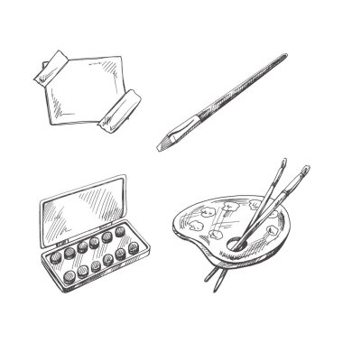 Vektör el çizimi okul ve çizim araçları seti. Detaylı retro tarzı suluboya resimler, palet, fırçalar, kağıt çizimler. Klasik eskiz öğesi. Okula Dönüş.