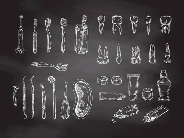 Στοματολογία Χέρι Που Ορίζονται Chalkboard Φόντο Οδοντόκρεμα Σκετς Δοντιών Διαφορετικοί — Διανυσματικό Αρχείο