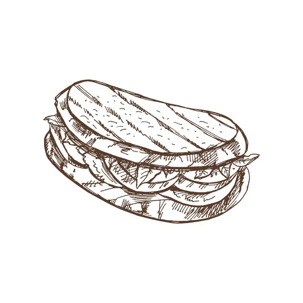 Schizzo Vettoriale Disegnato Mano Pezzo Sandwich Con Verdure Formaggio Carne — Vettoriale Stock