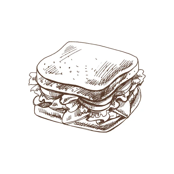 Handgezeichnete Vektorskizze Eines Stücks Sandwich Mit Gemüse Käse Fleisch Gekritzelte — Stockvektor