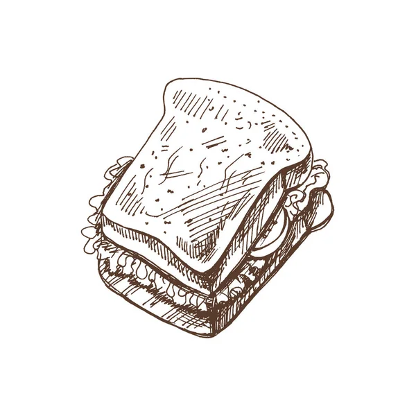 Sebzeli Peynirli Etli Bir Sandviçin Çizimi Robot Resmi Doodle Vintage — Stok Vektör