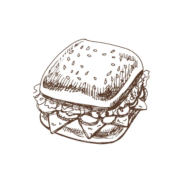 Handgezeichnete Vektorskizze Eines Stücks Sandwich Mit Gemüse Käse Fleisch Gekritzelte — Stockvektor