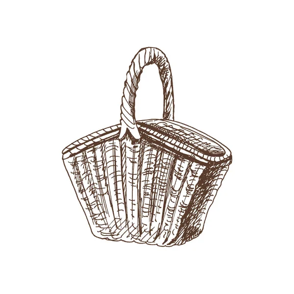 Ręcznie Rysowany Szkic Wektorowy Wiklinowego Koszyka Piknikowego Ilustracja Rocznika Doodle — Wektor stockowy