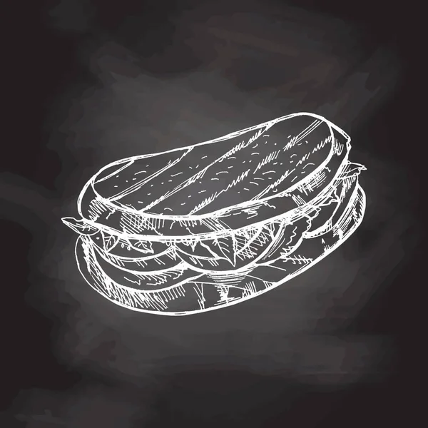 チーズ 肉とサンドイッチの手描きベクタースケッチ チョークボードの背景に単離されたドードルヴィンテージイラスト — ストックベクタ