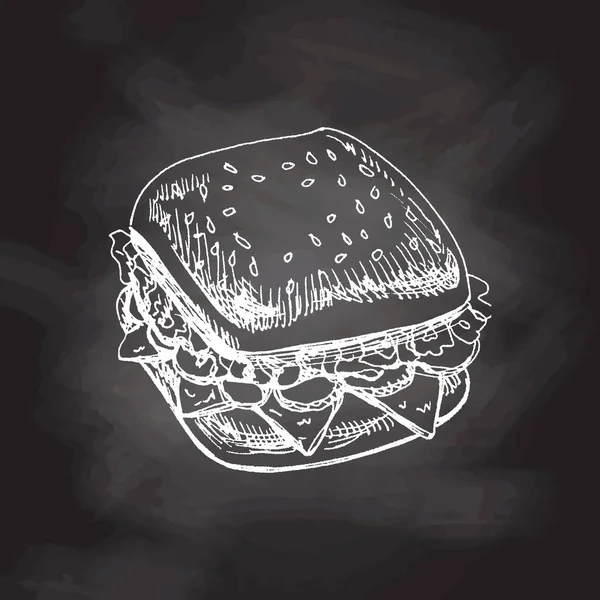 チーズ 肉とサンドイッチの手描きベクタースケッチ チョークボードの背景に単離されたドードルヴィンテージイラスト — ストックベクタ
