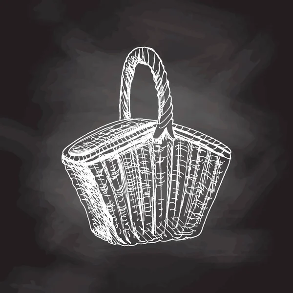 ウィッカーのピクニックバスケットの手描きベクタースケッチ チョークボードの背景に単離されたドードルヴィンテージイラスト 刻まれた移民 — ストックベクタ