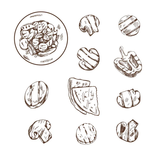 一套手绘的香槟 烤蔬菜和面包草图 为设计餐厅和咖啡馆的菜单 老式涂鸦插图 刻印的图像 — 图库矢量图片